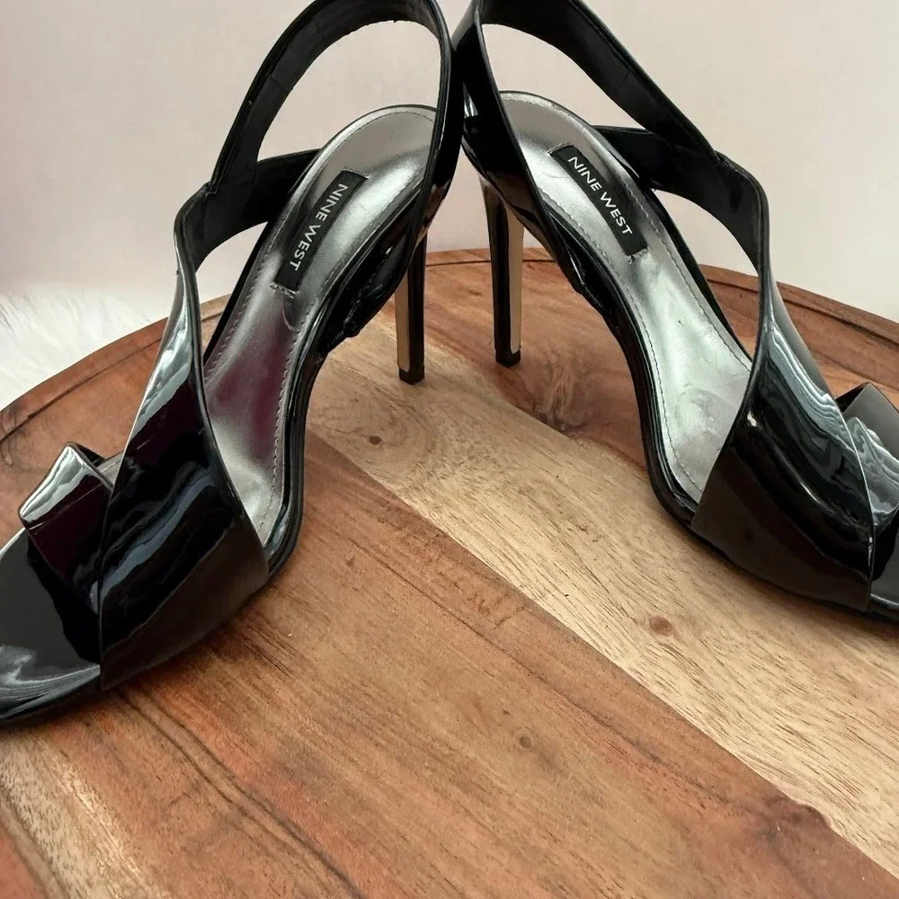 Nine West Womens BlackSize 6.5M Patent Asymmetrical Slingback Stiletto Heels